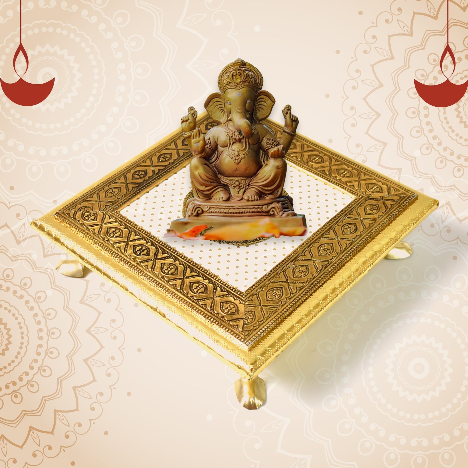 Golden - Square Pooja Chowki Patla / Bajot (20×20 CM / 1 Pc) Golden - Square Pooja Chowki Patla / Bajot (20×20 CM / 1 Pc)